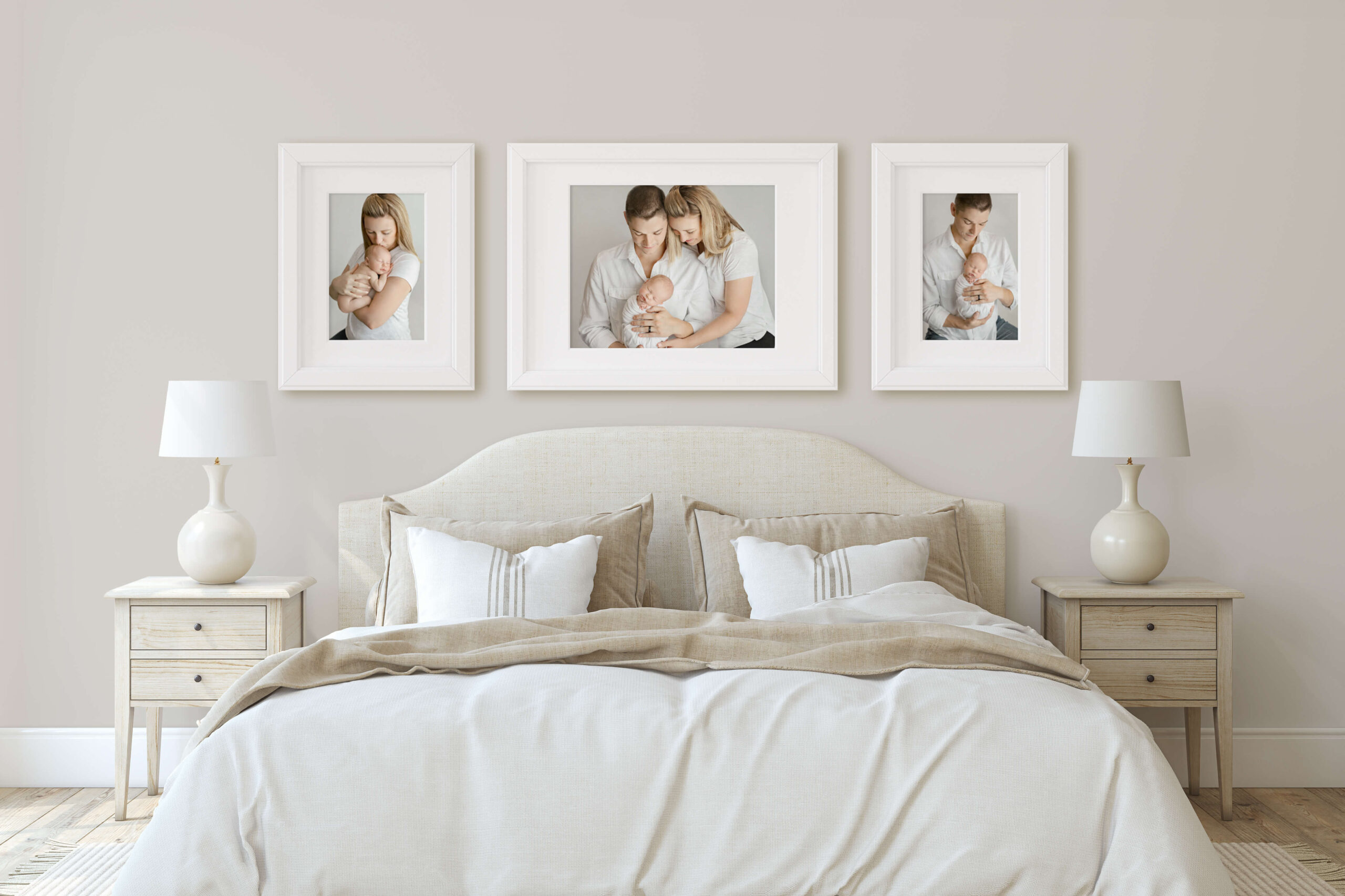 a bedroom with framed printed family photos on the walls from a print photography studio newborn photography packages