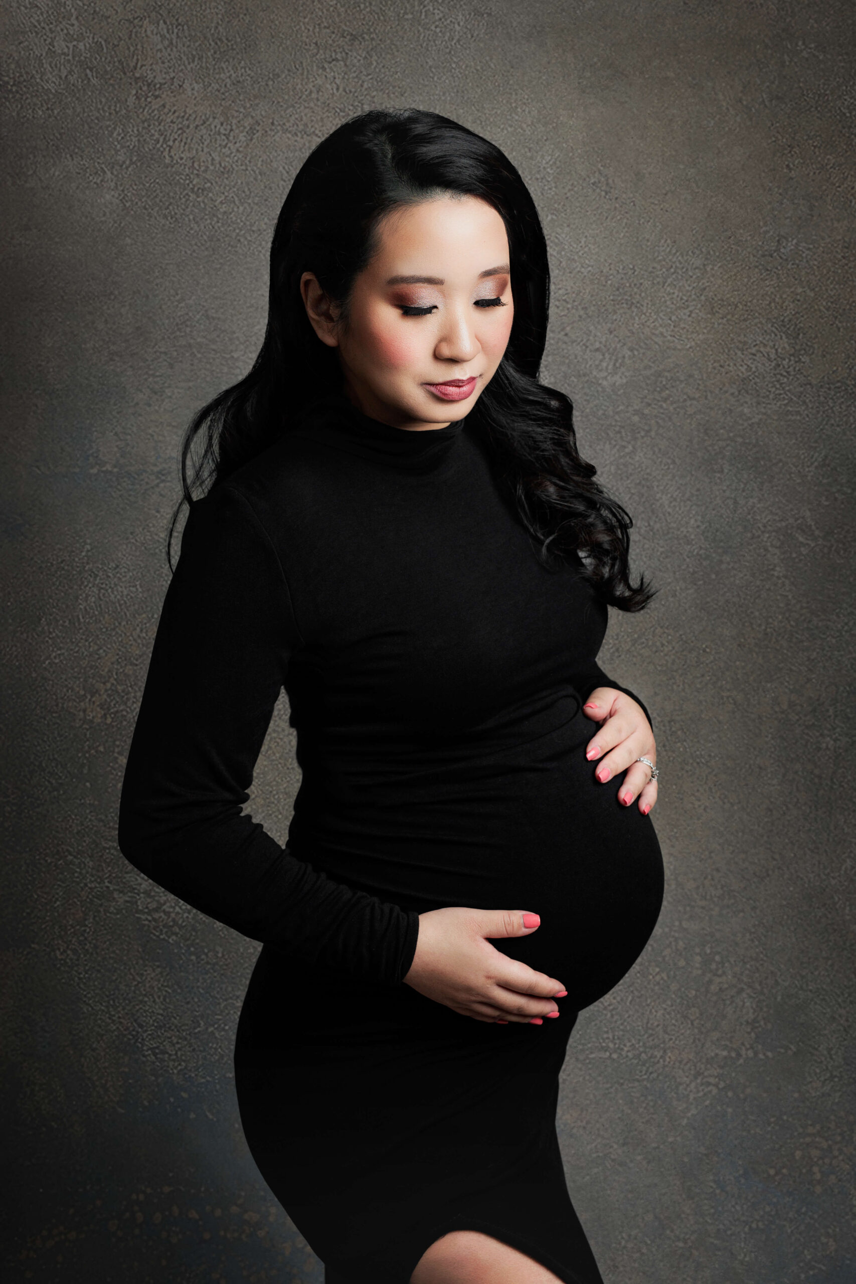 pregnant mom in black maternity gown on white background, Maternity photo shoot sterling va